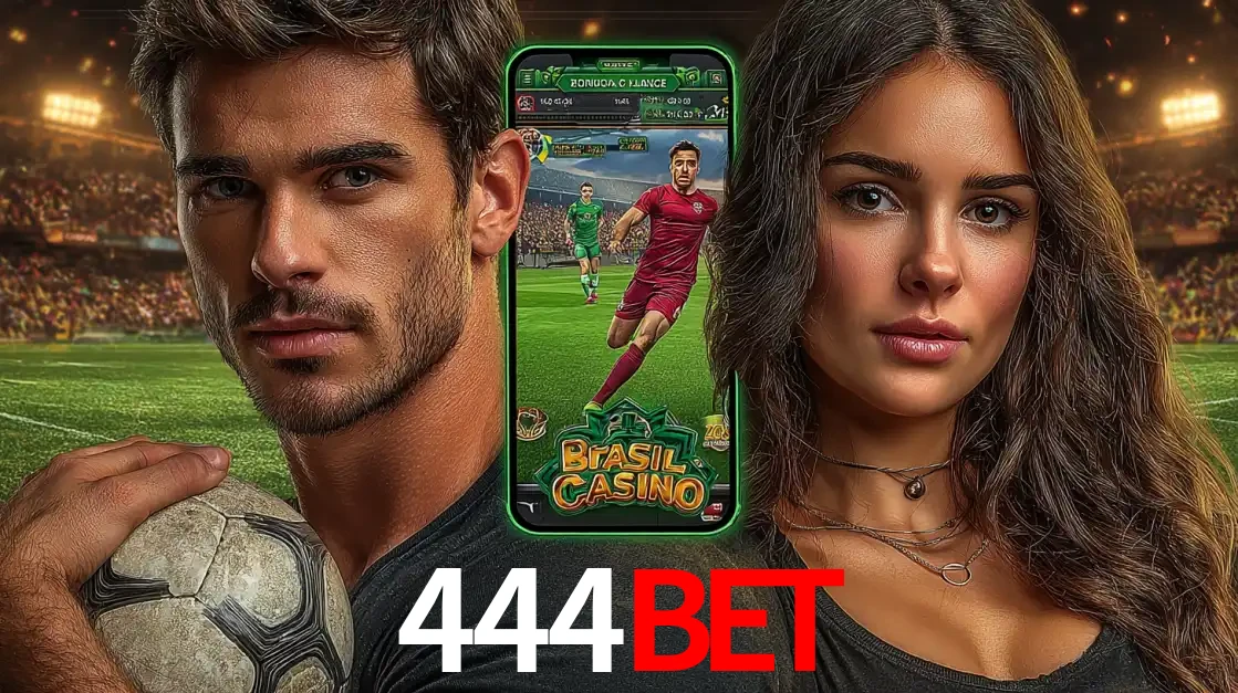 Homem segurando uma bola de futebol e uma mulher ao lado de um smartphone exibindo o jogo de apostas esportivas da 444BET. Faça seu palpite no cassino online.